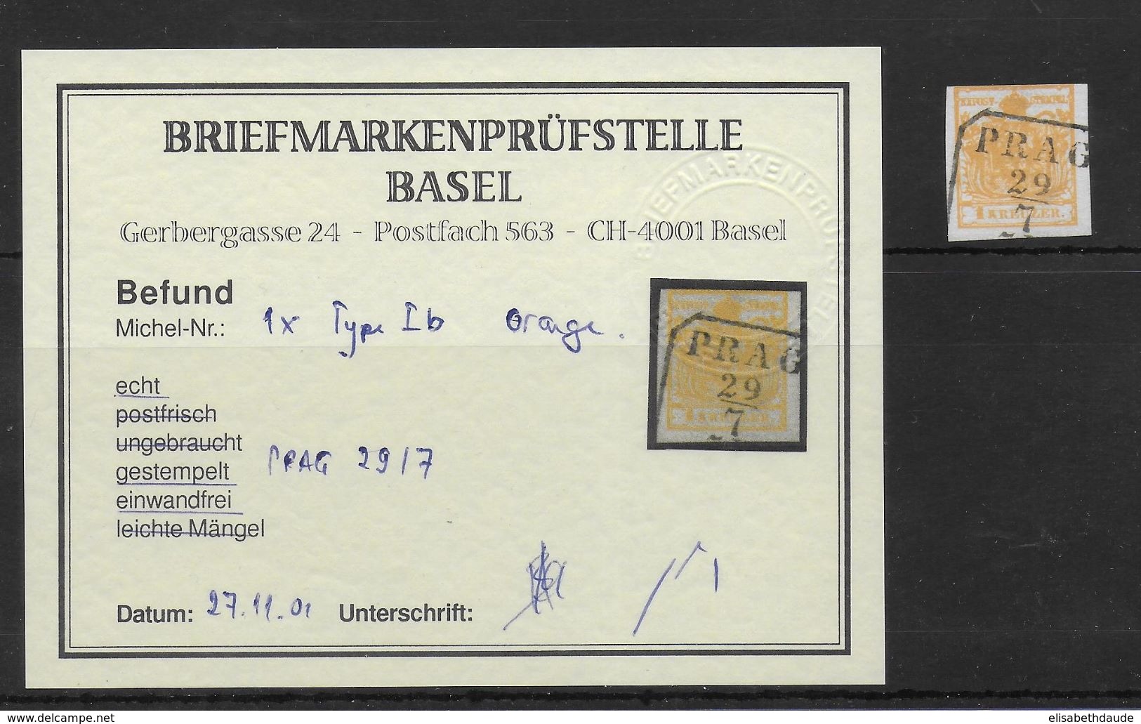 AUTRICHE - 1850 - Mi 1x TYPE Ib ORANGE PAPIER MAIN Avec CERTIFICAT / ATTEST - COTE YVERT = 150 EUR. - Used Stamps