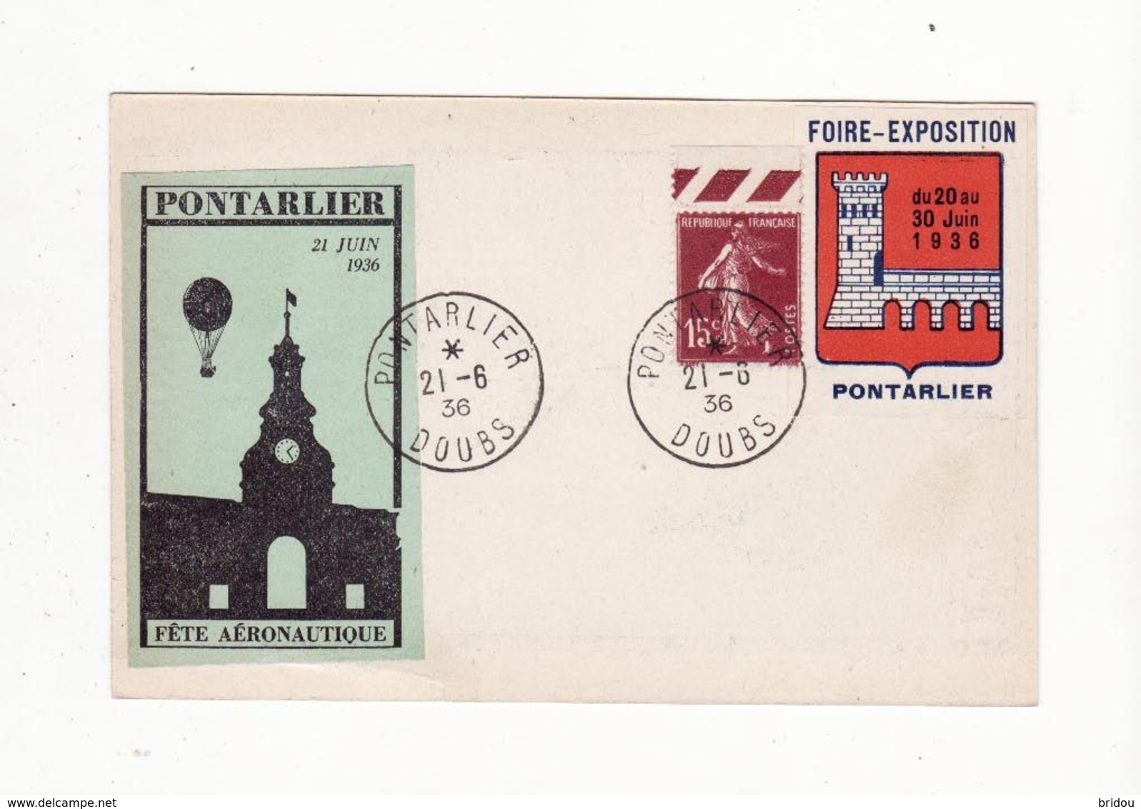 PONTARLIER AVIATION    Carte De La Fête Aéronautique Du 21 Juin 1936    Avec 2 Vignettes + 1 Timbre - Aviation