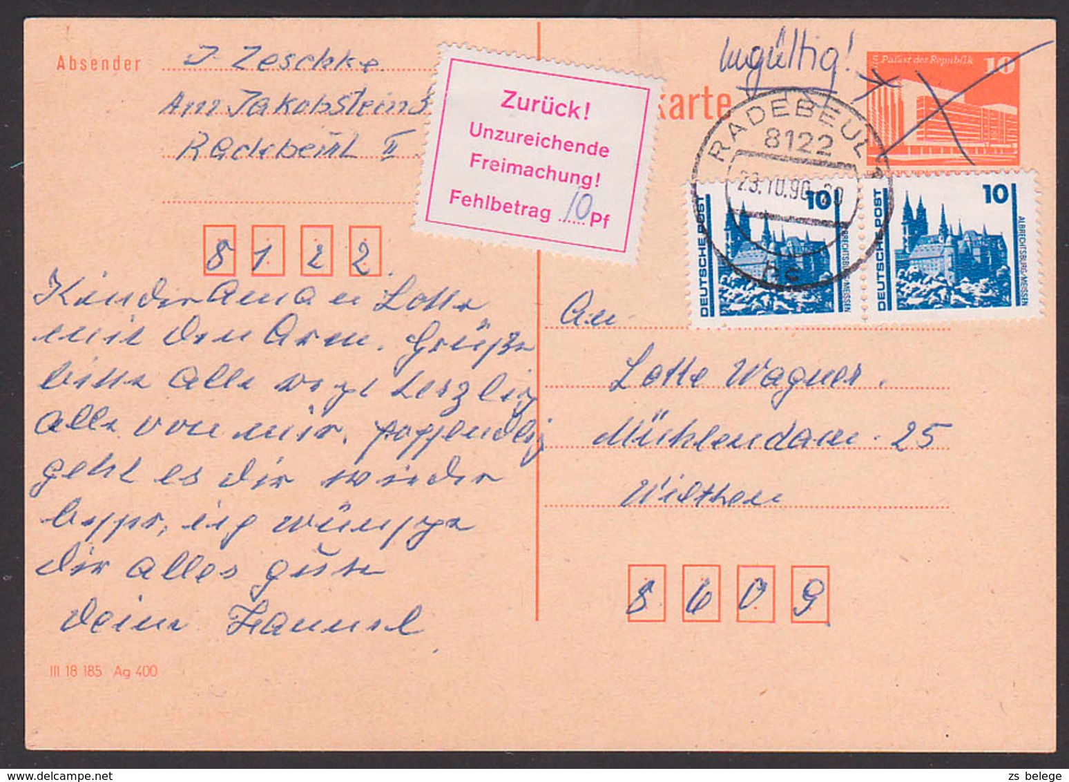 DDR Währungsunion Radebeul Unterfrank. Karte, Weil 10 Pfg. GA Nicht Mehr Gültig, Roter Zettel "Zurück Unzureichende .." - Altri & Non Classificati