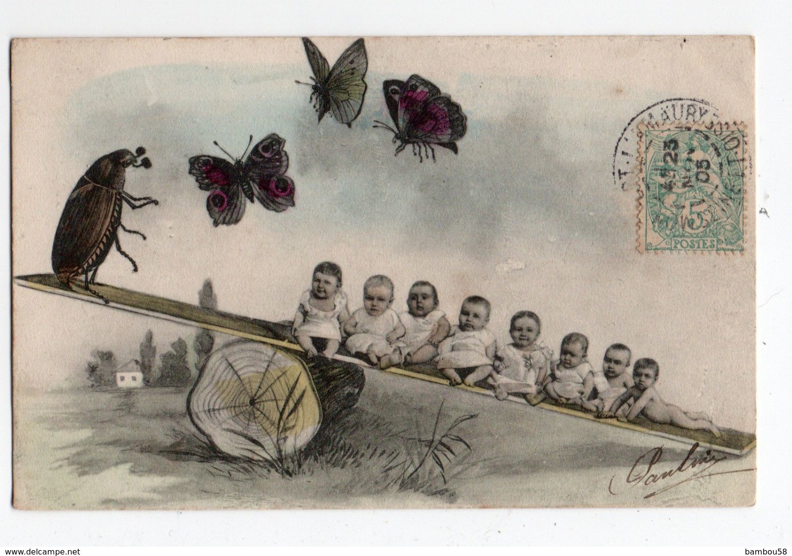 HANNETONS * HANNETON * HUMANISE * BEBES * BALANCOIRE * PAPILLONS * Carte Colorisée * B.K.W.I. 4517/1 - Insectos