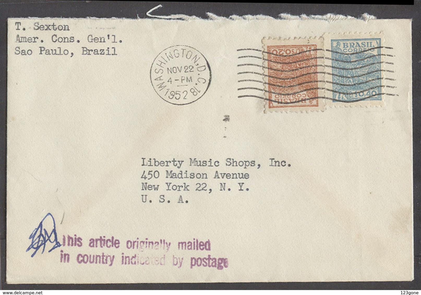 123gone. Brazil - XX. 1952. SP - USA. Fkd Env Diplomatic US Mail. Fine Cancelled At USA, DC. - Other & Unclassified