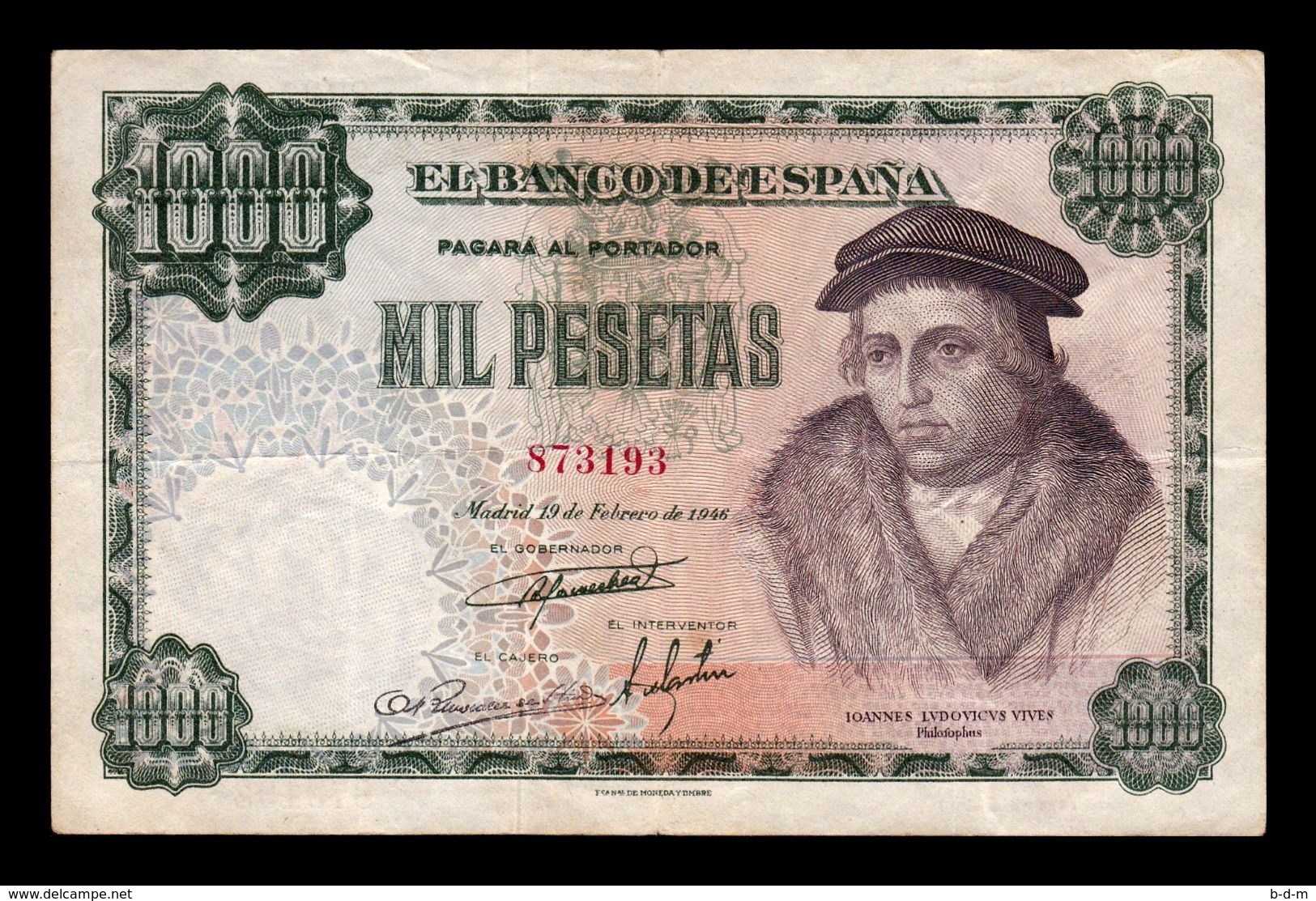 España Spain 1000 Pesetas Luis Vives 1946 Pick 133 MBC VF - 1000 Pesetas