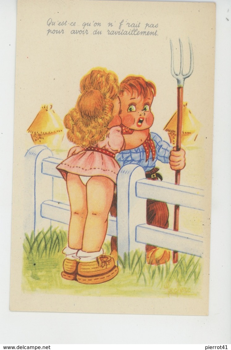 Illustrateur ENFANTS - LECLERC - Jolie Carte Fantaisie Fillette Et Garçon Avec Fourche - Leclerc