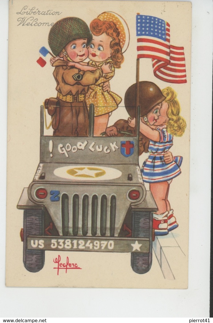 Illustrateur ENFANTS - LECLERC - Jolie Carte Fantaisie Fillettes Avec Soldats Américains Dans Jeep "Libération " - Leclerc