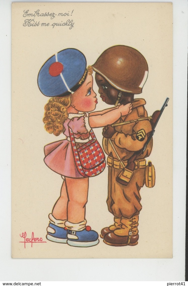 Illustrateur ENFANTS - LECLERC - Jolie Carte Fantaisie Fillette Avec Soldat Américain Noir "Embrassez-moi ! " - Leclerc