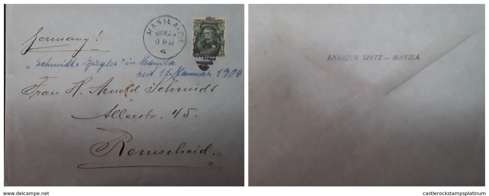 O) 1904 PHILIPPINES - MANILA, US OCCUPATION, FRANKLIN 1c, PHILIPPINES SURCHARGE, ENRIQUE SPITZ, TO REMSCHEID - GERMANY - Filippine