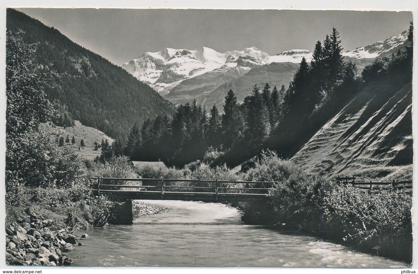 Kiental, Blümlisalp, Brücke über Die Kiene - Bahnstempel Frutigen - Frutigen