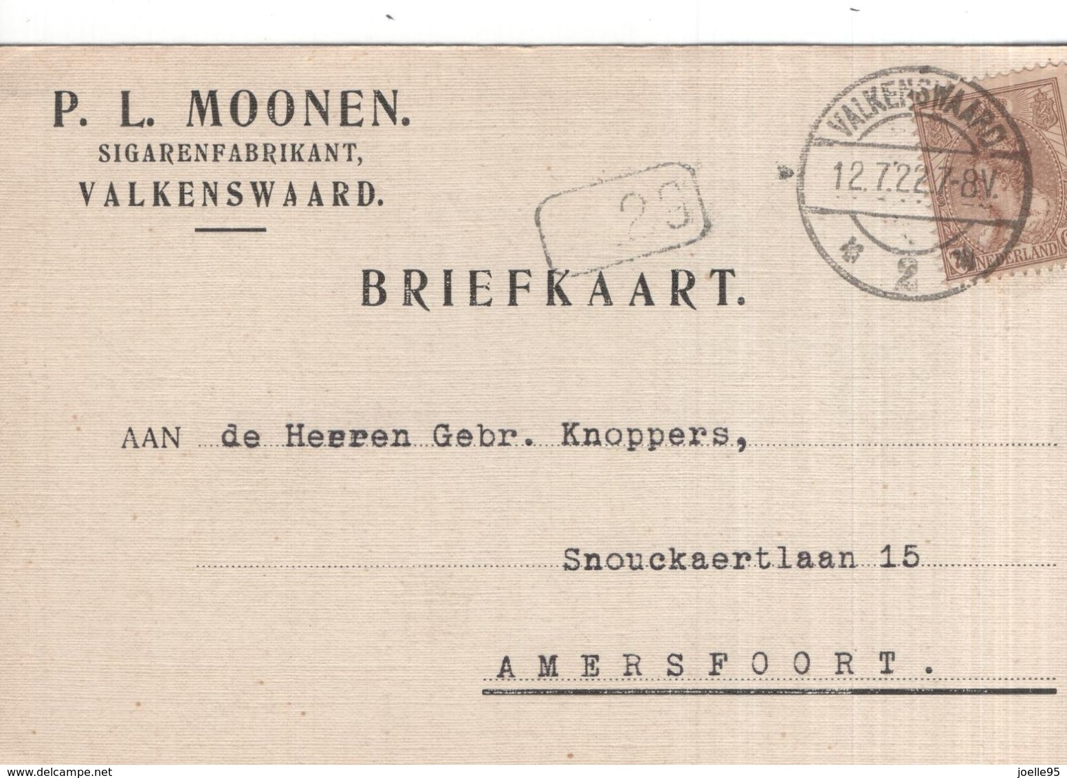 Valkenswaard - Sigarenfabrikant P.L. Moonen - 12.7.1922 - Marcofilia