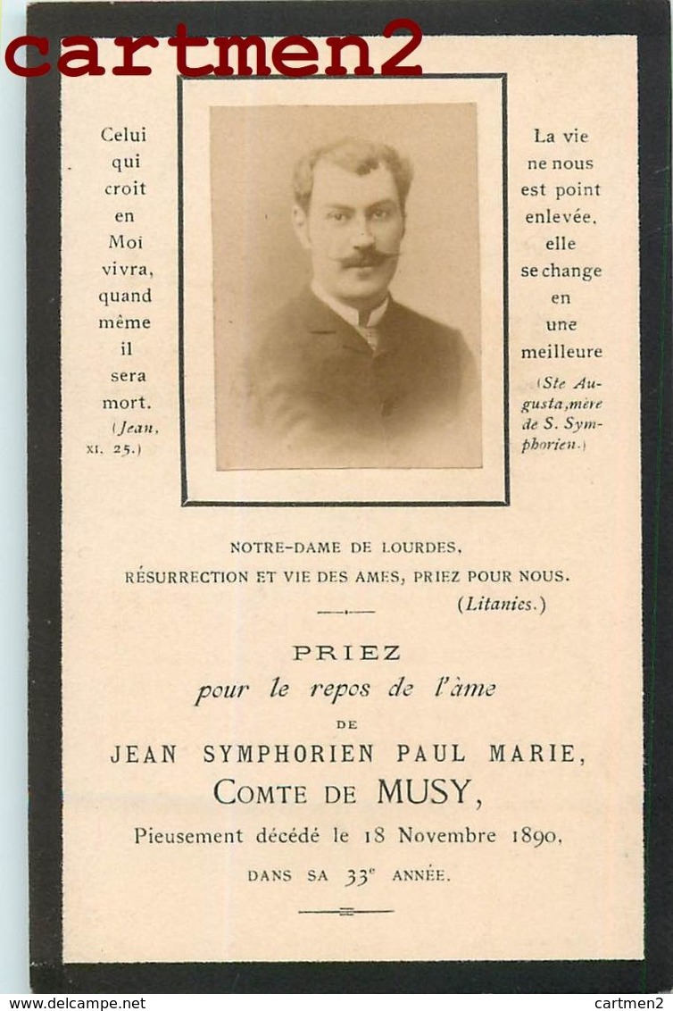 FAIRE-PART DE DECES COMTE DE MUSY JEAN SYMPHORIEN PAUL MARIE COUCHES LES MINES AUTUN NOBLESSE FAMILLE ROYALE GENEALOGIE - Esquela