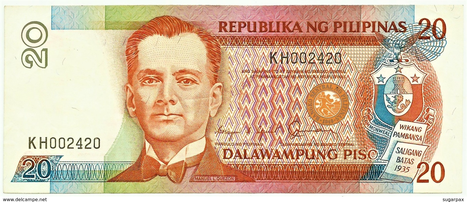 PHILIPPINES - 20 Piso - ND ( 1986 - 94 ) Pick 170.b - BLACK Serial # - Sign. 11 Serie KH Seal Type 4 - Manuel L. Quezon - Philippines