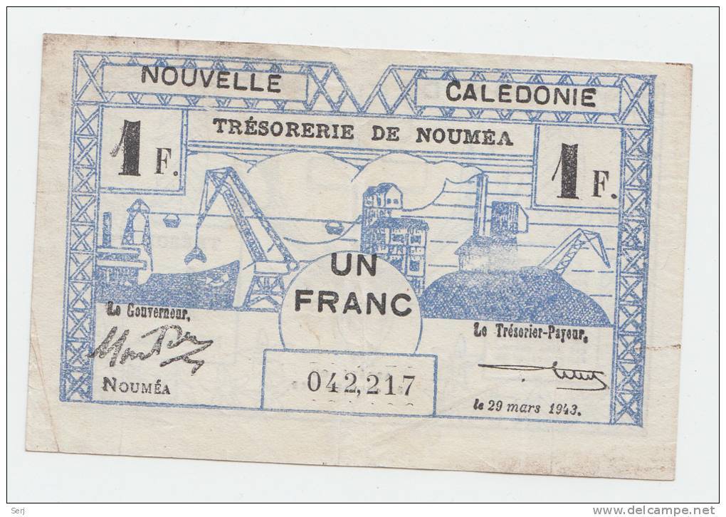 New Caledonia 1 Franc 1943 VF+ CRISP Banknote P 55b 55 B - Nouméa (Neukaledonien 1873-1985)