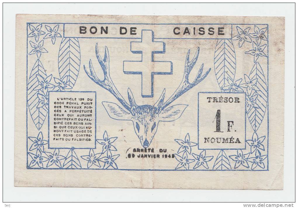 New Caledonia 1 Franc 1943 VF+ CRISP Banknote P 55b 55 B - Nouvelle-Calédonie 1873-1985