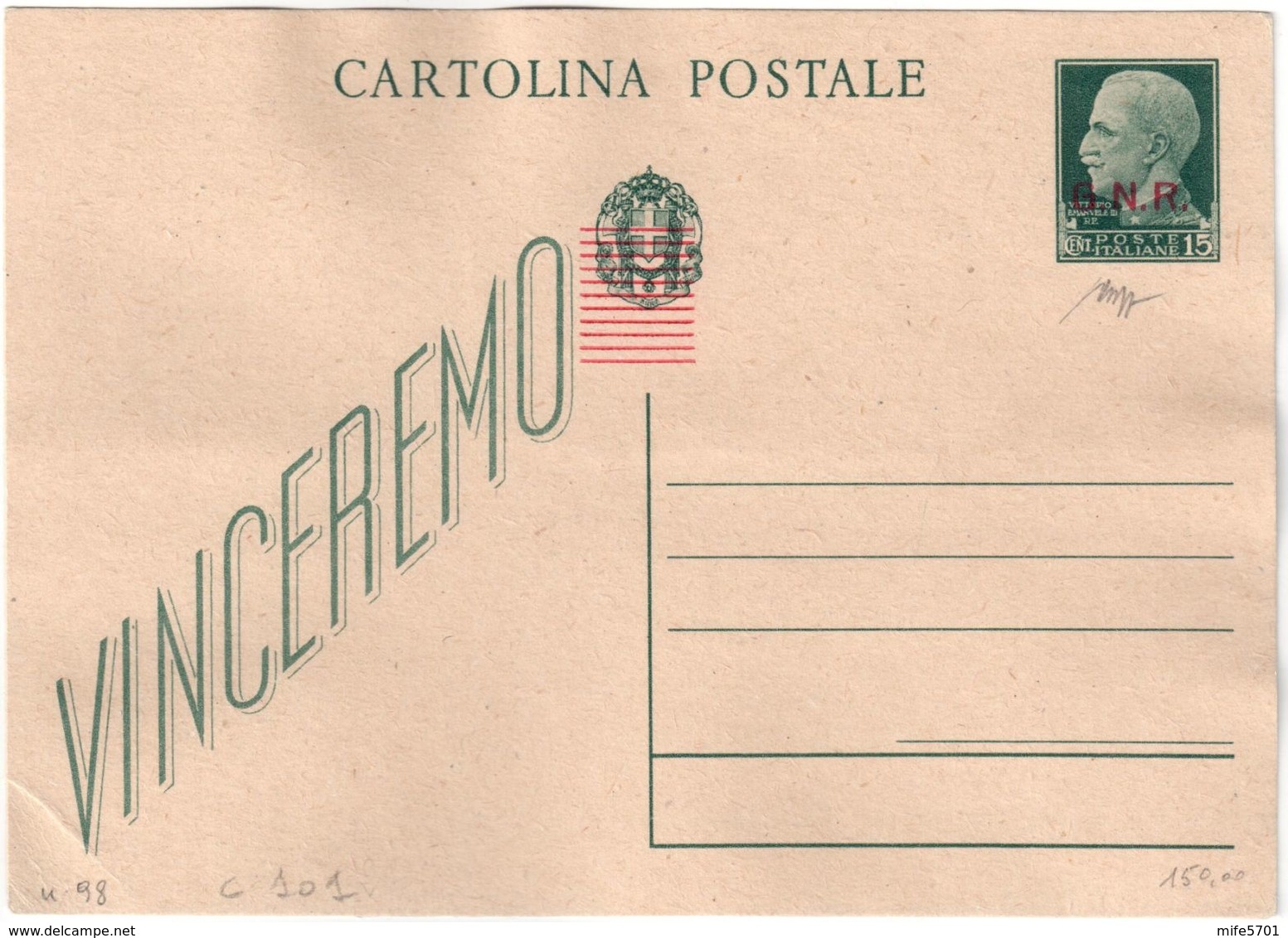 REPUBBLICA SOCIALE - INTERO POSTALE C. 15 SOPRASTAMPA G.N.R. CON PUNTI TONDI TIRATURA DI BRESCIA - NUOVO FILAGRANO C101 - Interi Postali