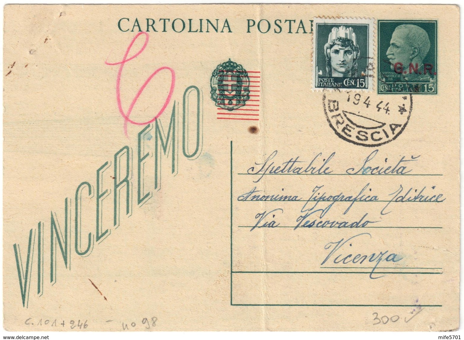 REPUBBLICA SOCIALE - INTERO POSTALE C. 15 SOPRASTAMPA G.N.R. + C. 15 IMPERIALE - SALO 19.4.1944 - FILAGRANO C101 - Interi Postali