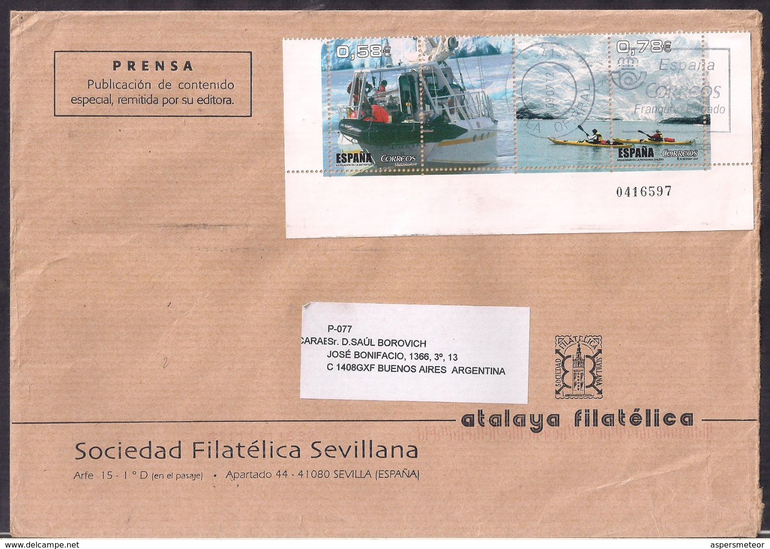 España - 2012 - Sobre Circulado A La República Argentina - Rte. Soc.Filatélica Sevillana - Tamaño 23x16 Cm - Cygnus - Lettres & Documents