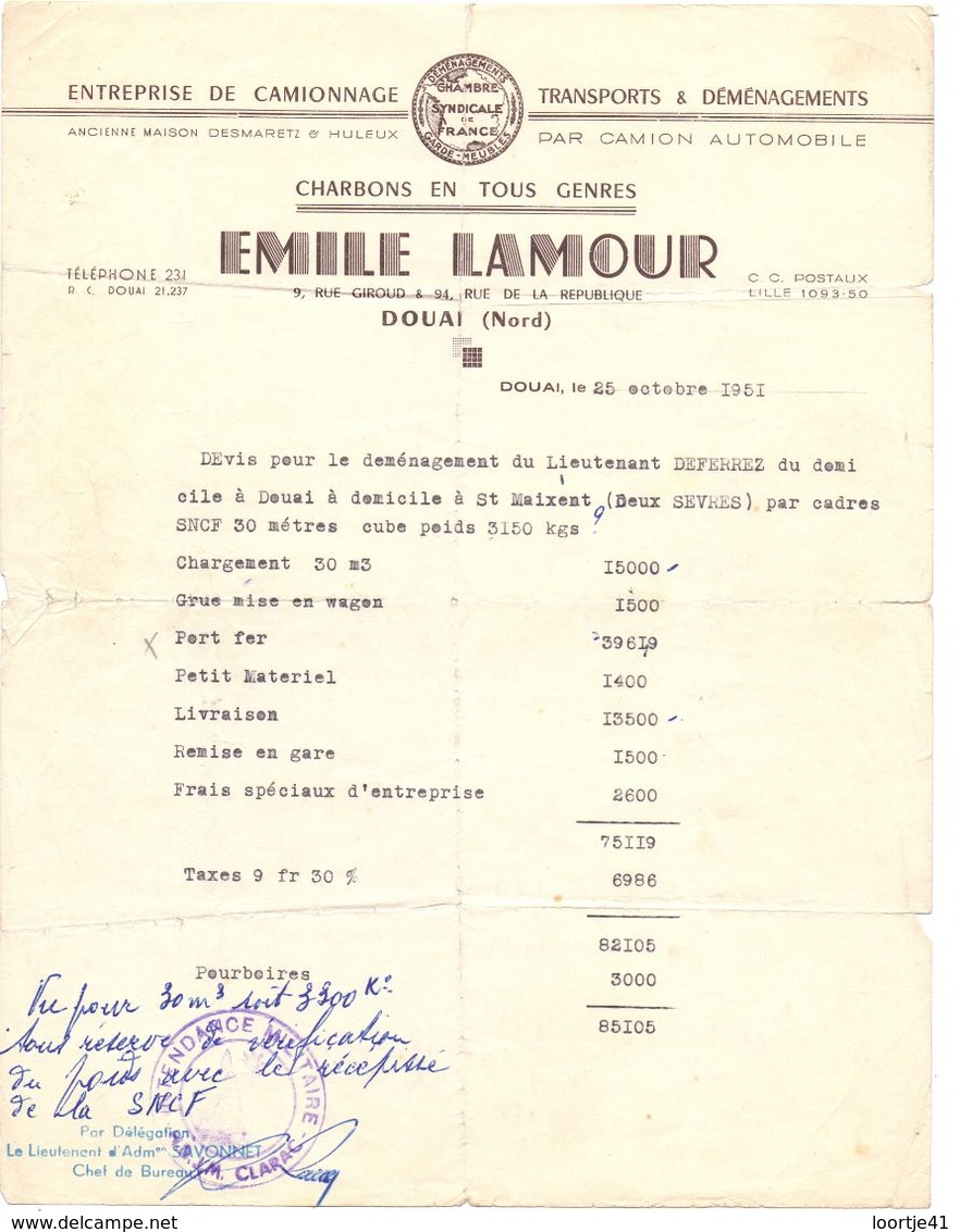 Facture Factuur - Entreprise De Camionnage Emile Lamour - Douai 1951 - Deménagement Lieutenant Deferrez - 1950 - ...