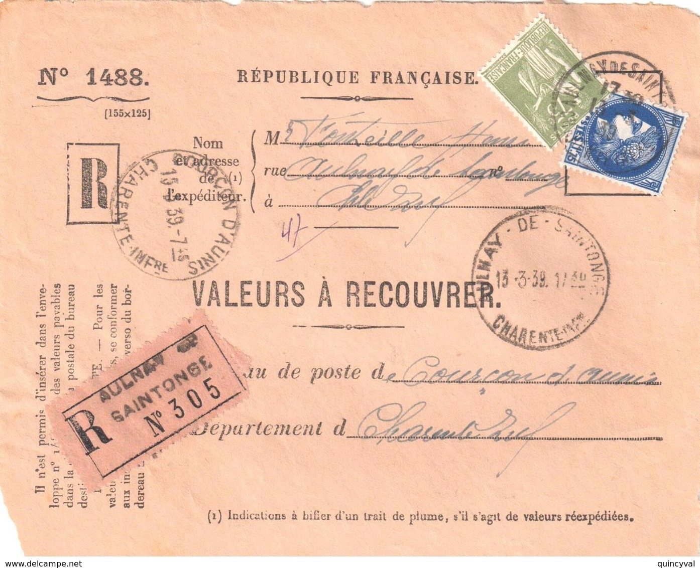 3656 AUNAY SAINTONGE Charente Inf Valeur Recouvrer 1488 Horoplan Lautier A5 Dest Courçon Ob 1939 Paix Cérés Yv 284A 375A - Lettres & Documents