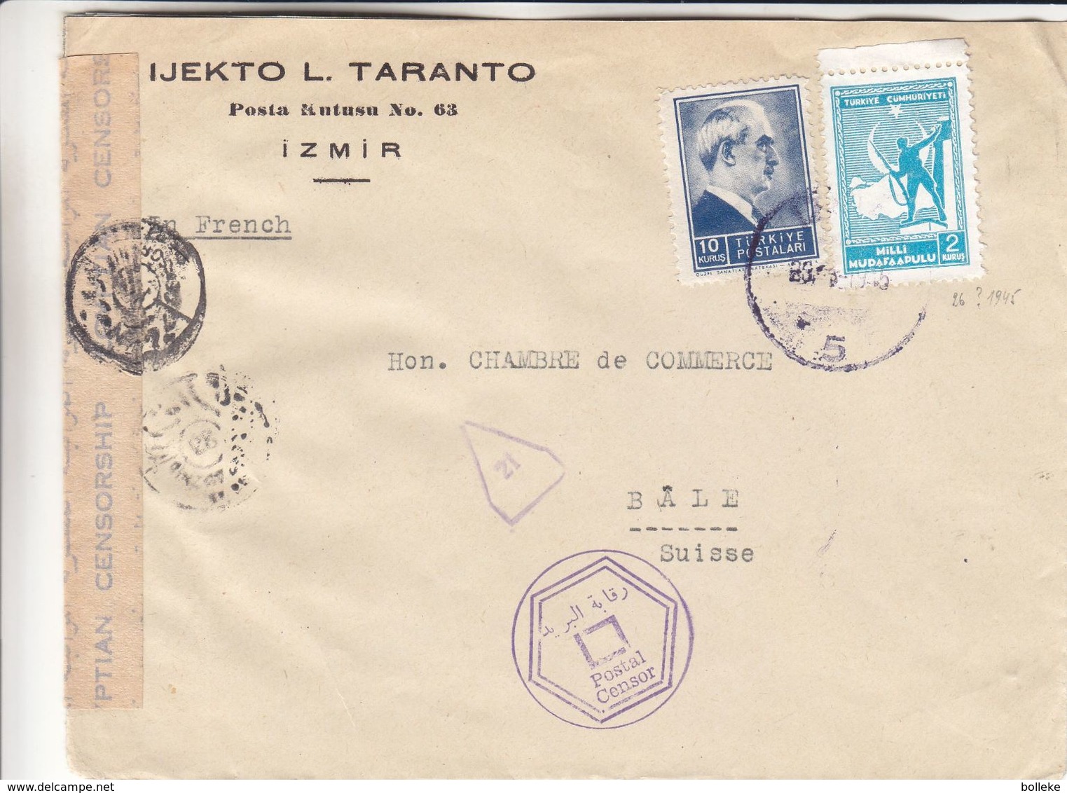 Turquie - Lettre De 1945 - Oblit Izmir - Exp Vers Bâle - Avec Censure Egyptienne - Cachet De Cairo - Lettres & Documents