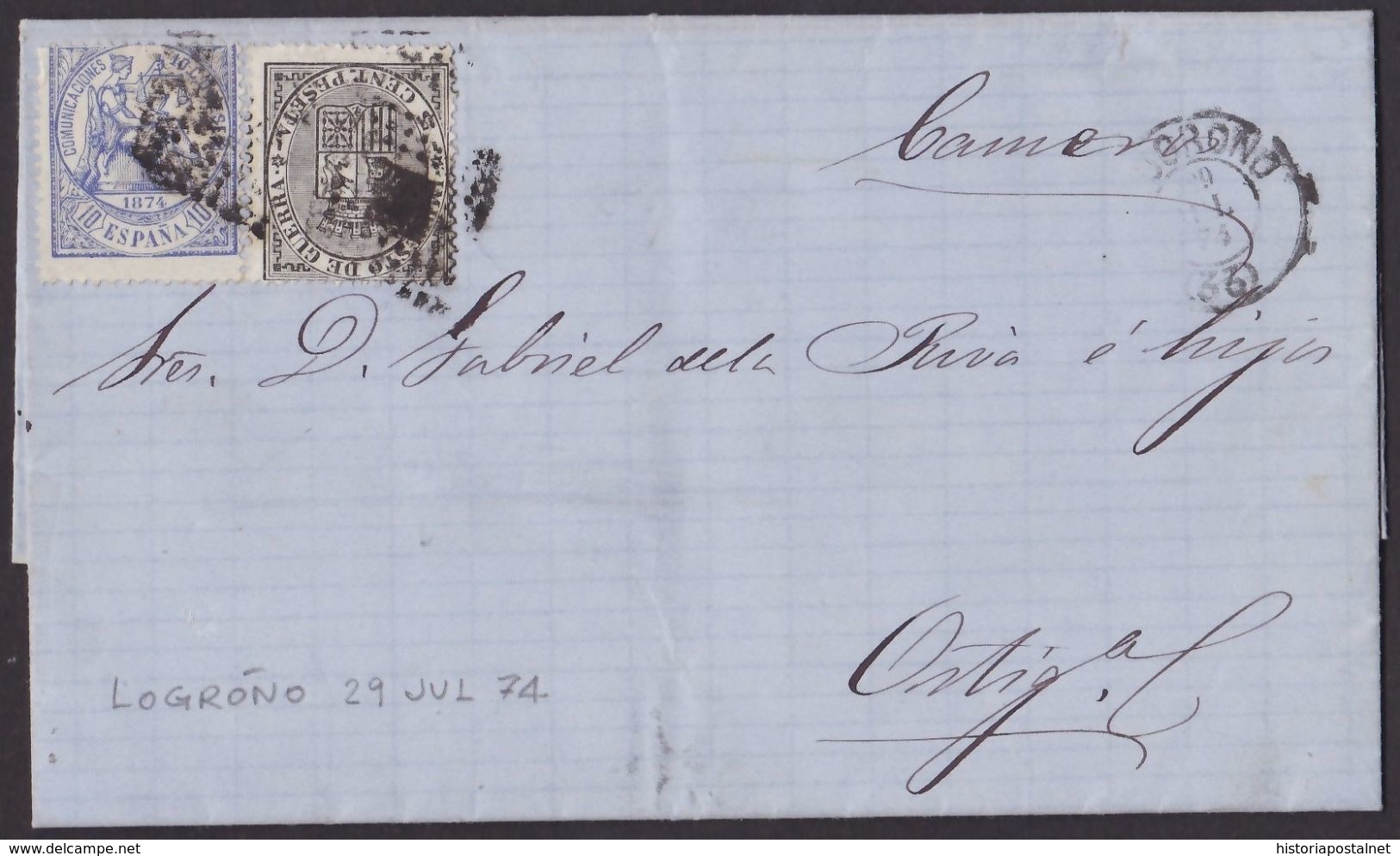 1874. LOGROÑO A ORTIGOSA DE CAMEROS. 10 CÉNT. ULTRAMAR Y 5 CÉNT. IG ED. 145 Y 141 MAT. ROMBO PUNTOS. BONITO. - Storia Postale