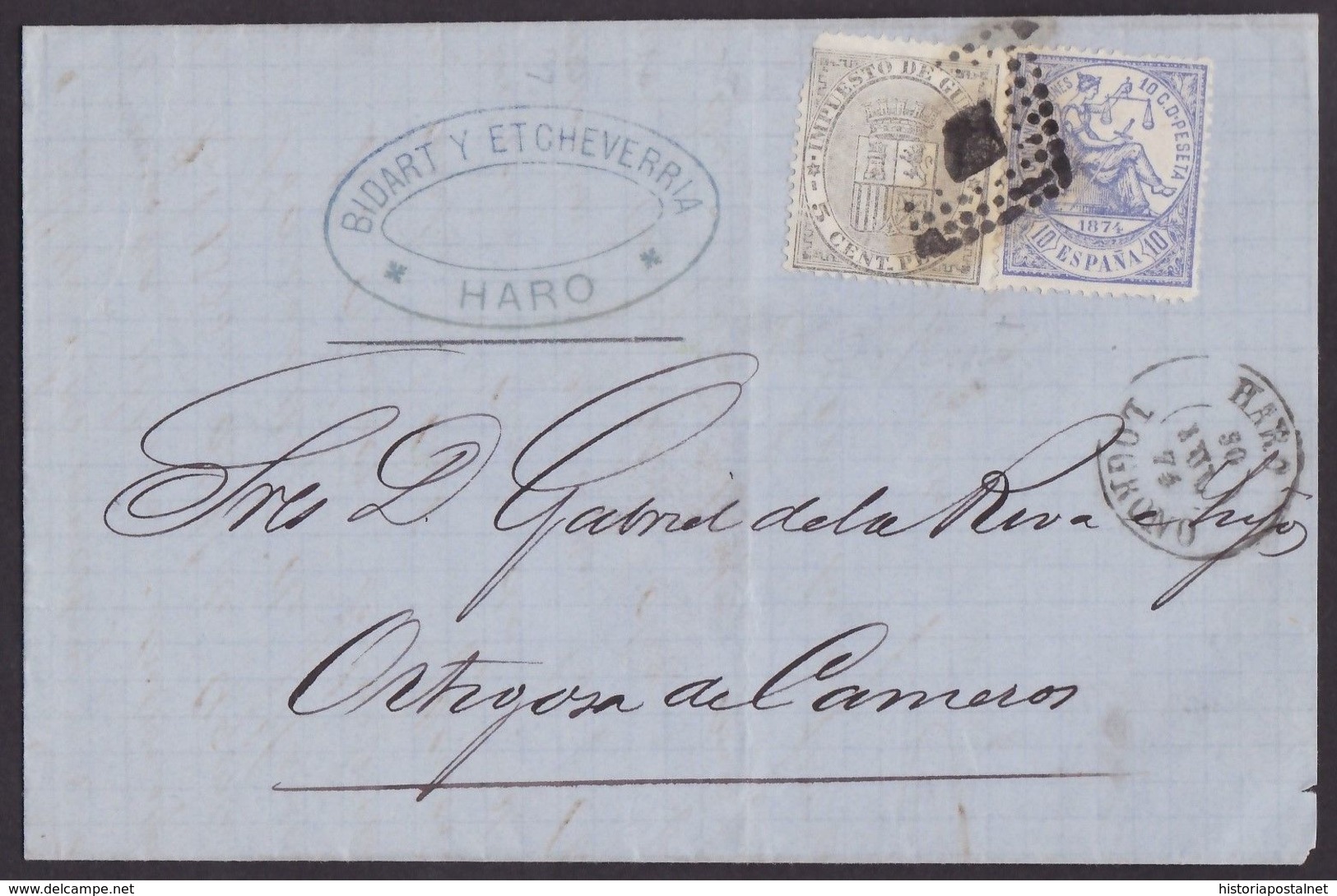 1874. HARO A ORTIGOSA DE CAMEROS. 10 CÉNT. ULTRAMAR Y 5 CÉNT. IG ED. 145 Y 141 MAT. ROMBO PUNTOS. MUY BONITA. - Lettres & Documents