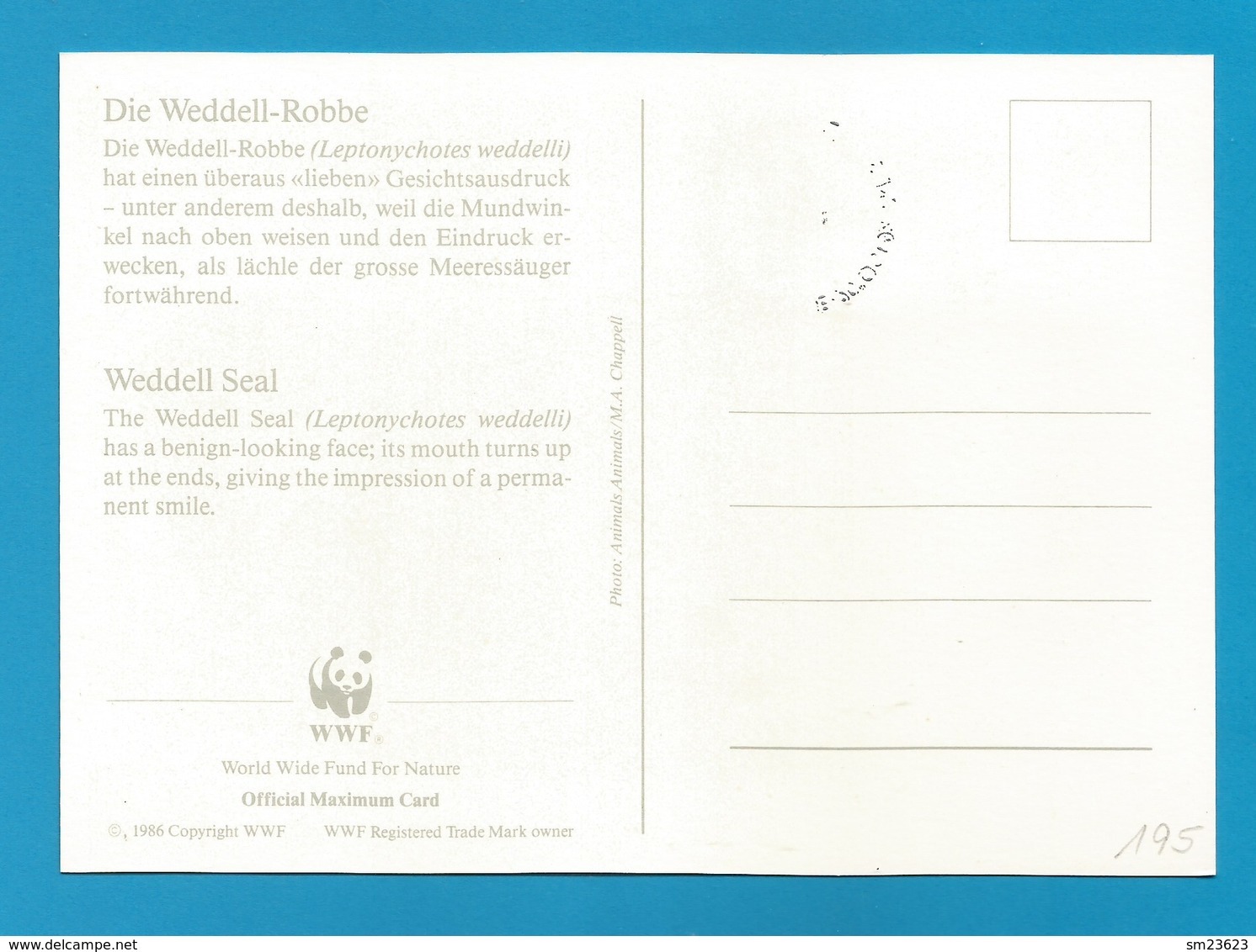 BAT 1992  Mi.Nr. 195 , Weddel Seal - WWF Maximum Card - First Day 20.OCT 92 - Tarjetas – Máxima