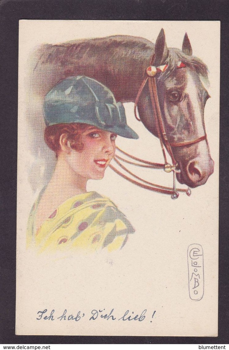 CPA Colombo Femme Women Art Déco écrite Cheval Horse équitation - Colombo, E.