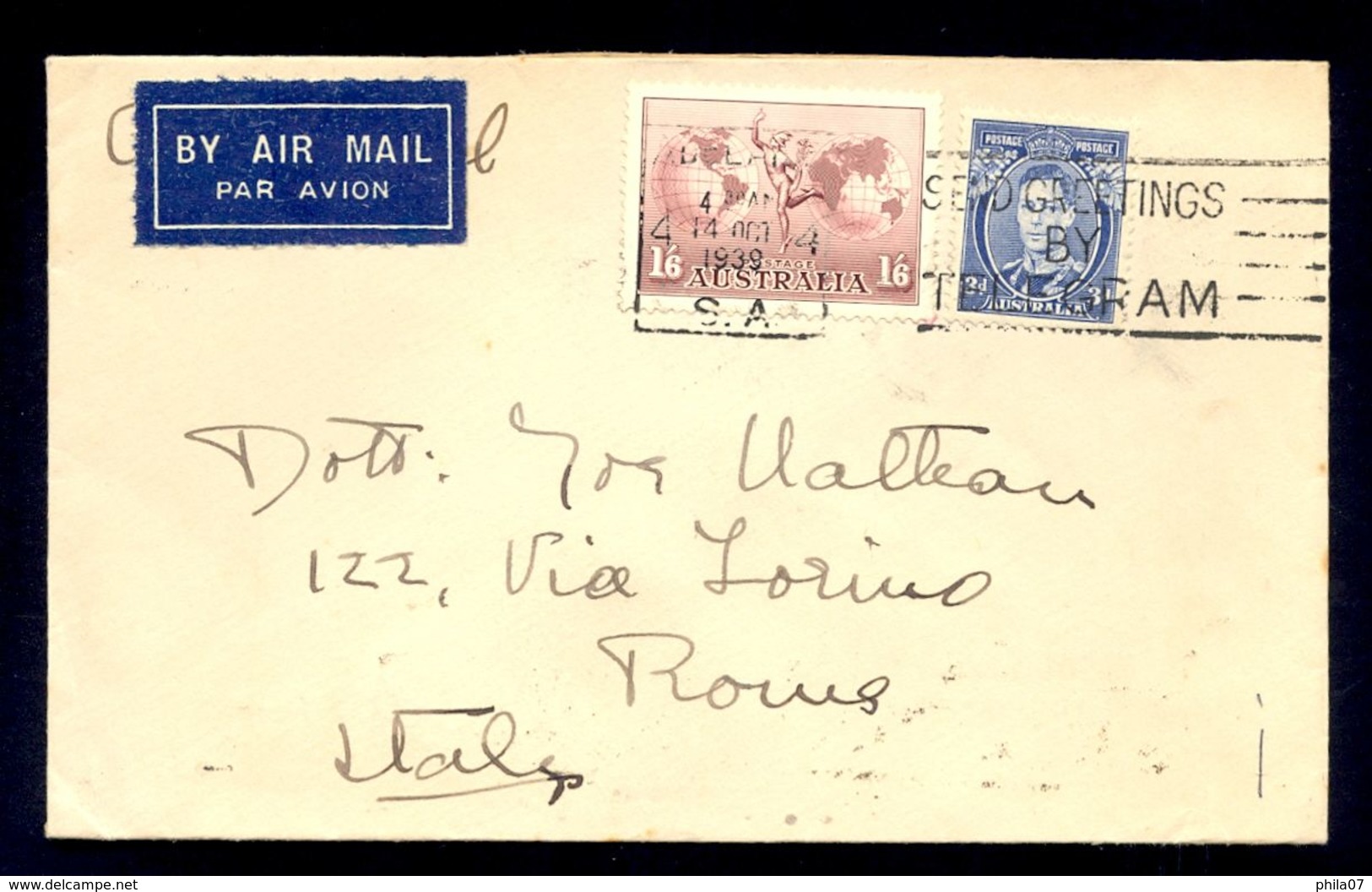 AUSTRALIA - Cover Sent By Air Mail To Roma 1939. Nice Two Colored Franking. Arrival Cancel On The Back Of Cover. - Lettres & Documents
