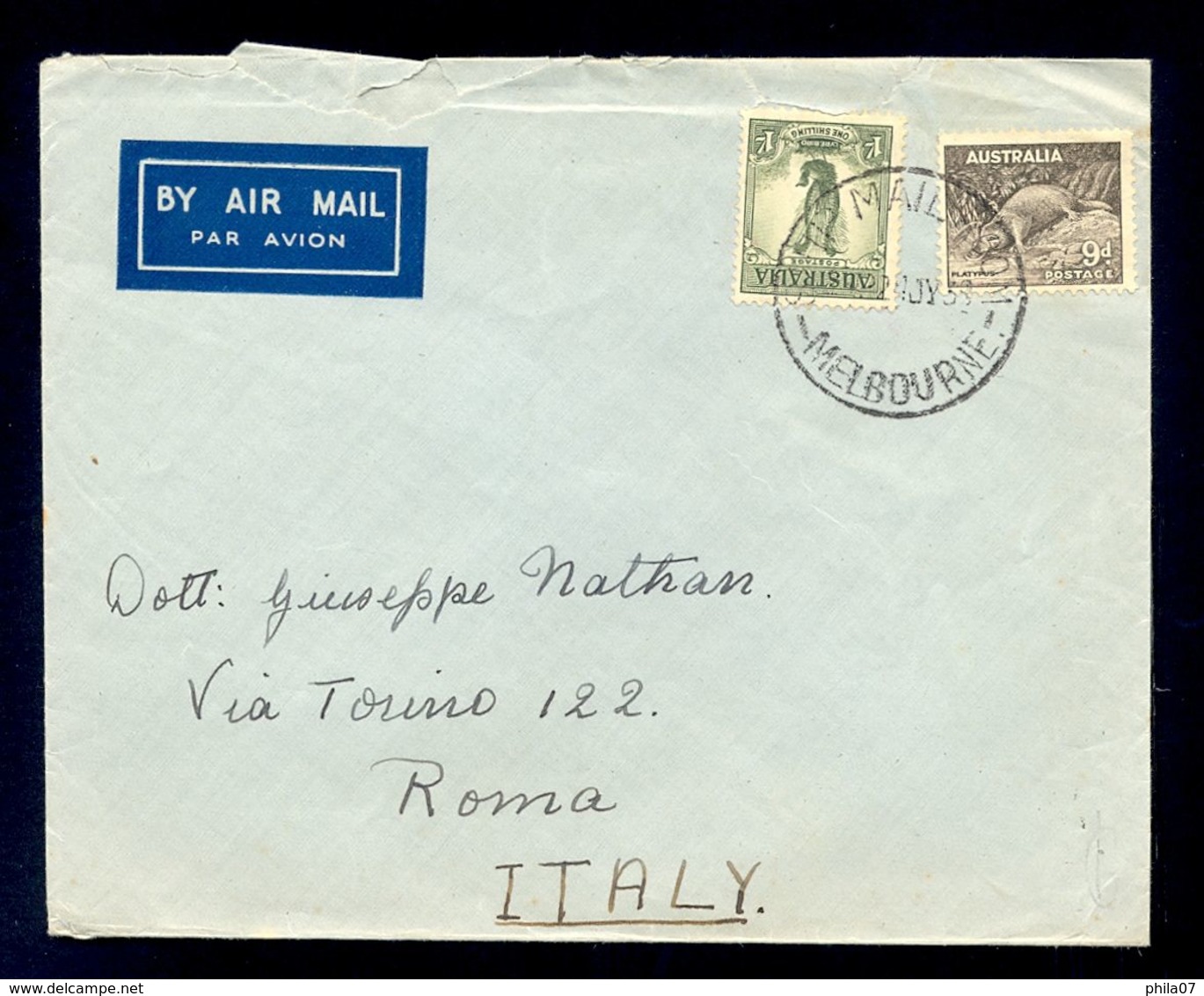 AUSTRALIA - Cover For Air Mail Sent From Melbourne To Roma/Italy 1939. Nice Two Colored Franking. - Lettres & Documents