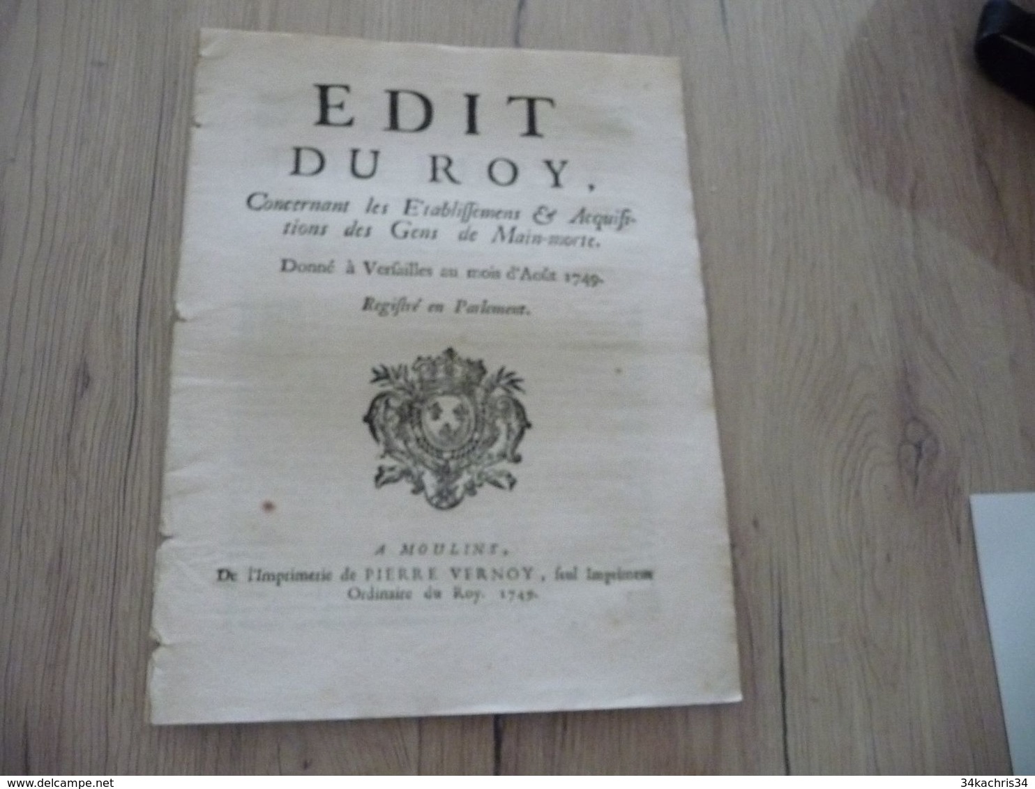 Edith Du Roi Août 1749 établissement Et Acquisitions Des Gens De Main Morte - Décrets & Lois