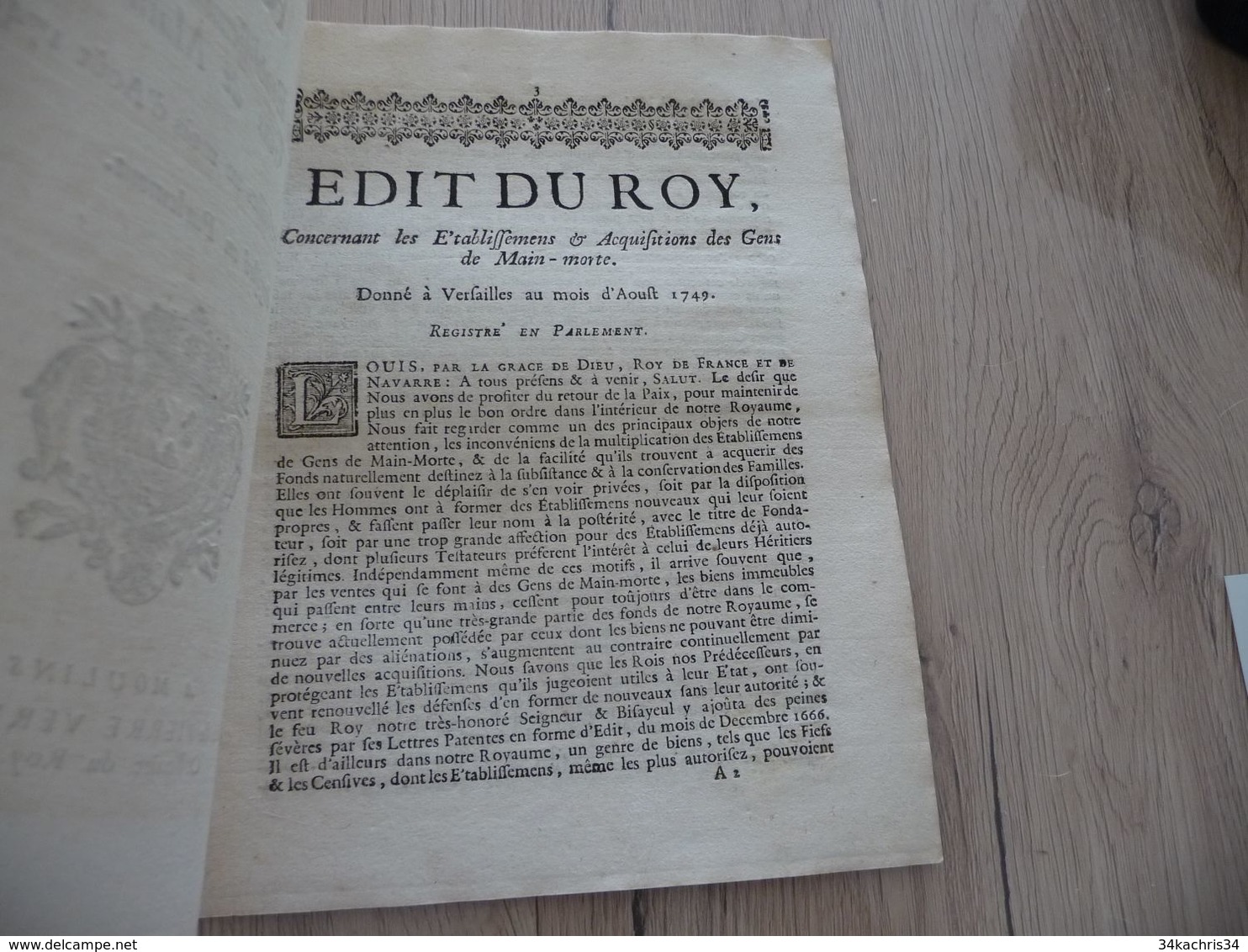 Edith Du Roi Août 1749 établissement Et Acquisitions Des Gens De Main Morte - Décrets & Lois