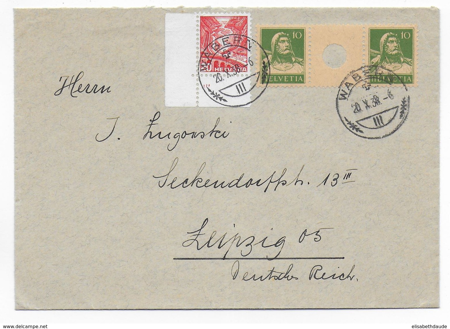 SUISSE - 1938 - RARE ZWISCHENSTEG WZ18B (Zum S26) / LETTRE De WABERN => LEIPZIG - Se-Tenant