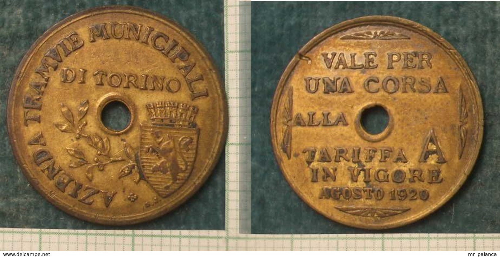 M_p> Gettone Azienda Tramvie Municipali Torino Agosto 1920 TARIFFA A - Monedas/ De Necesidad