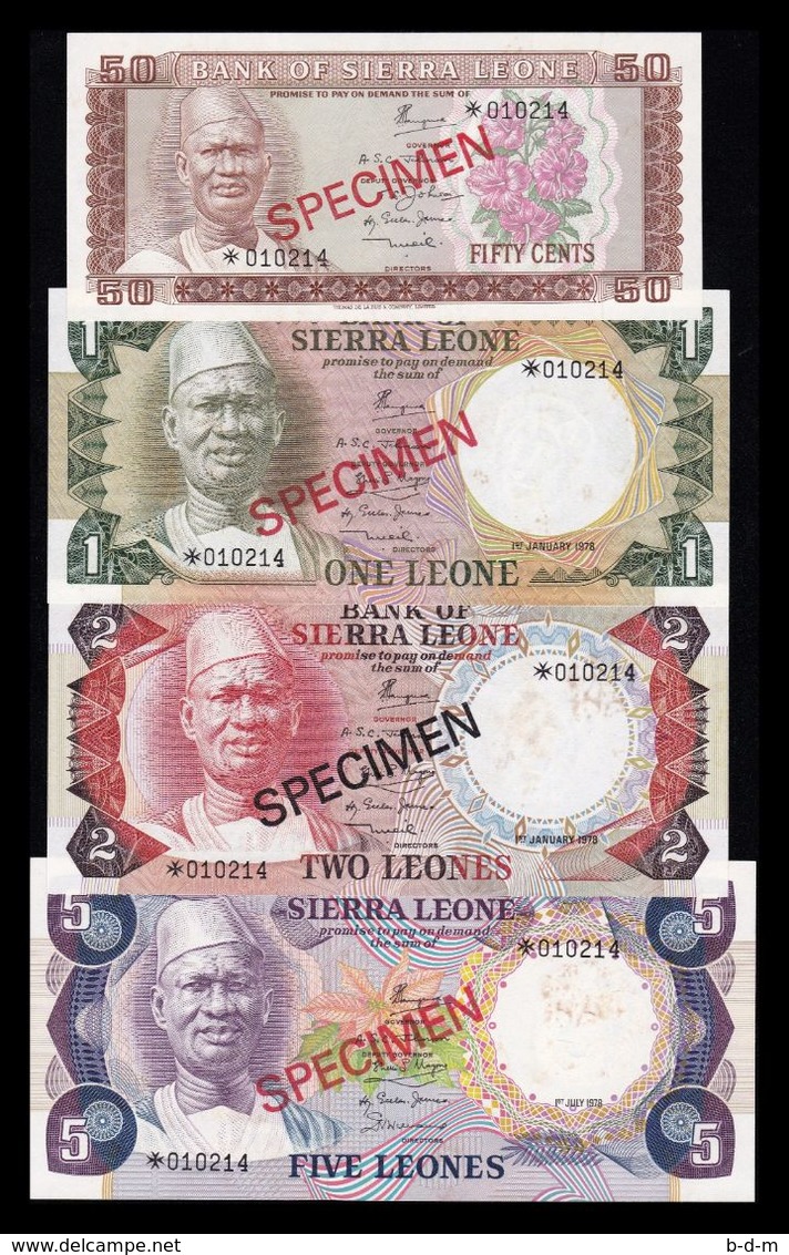 Sierra Leona Set 50 Cents 1 2 5 Leones 1974-1985 Pick 4 5 6 7 Specimen SC- AUNC - Sierra Leona