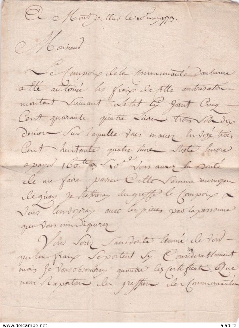 1773 - Marque Postale MONPELLIER, Montpellier, Hérault (31 X 4 Mm) Sur LAC Pliée De 2 Pages Vers Nîmes, Gard - 1701-1800: Precursors XVIII