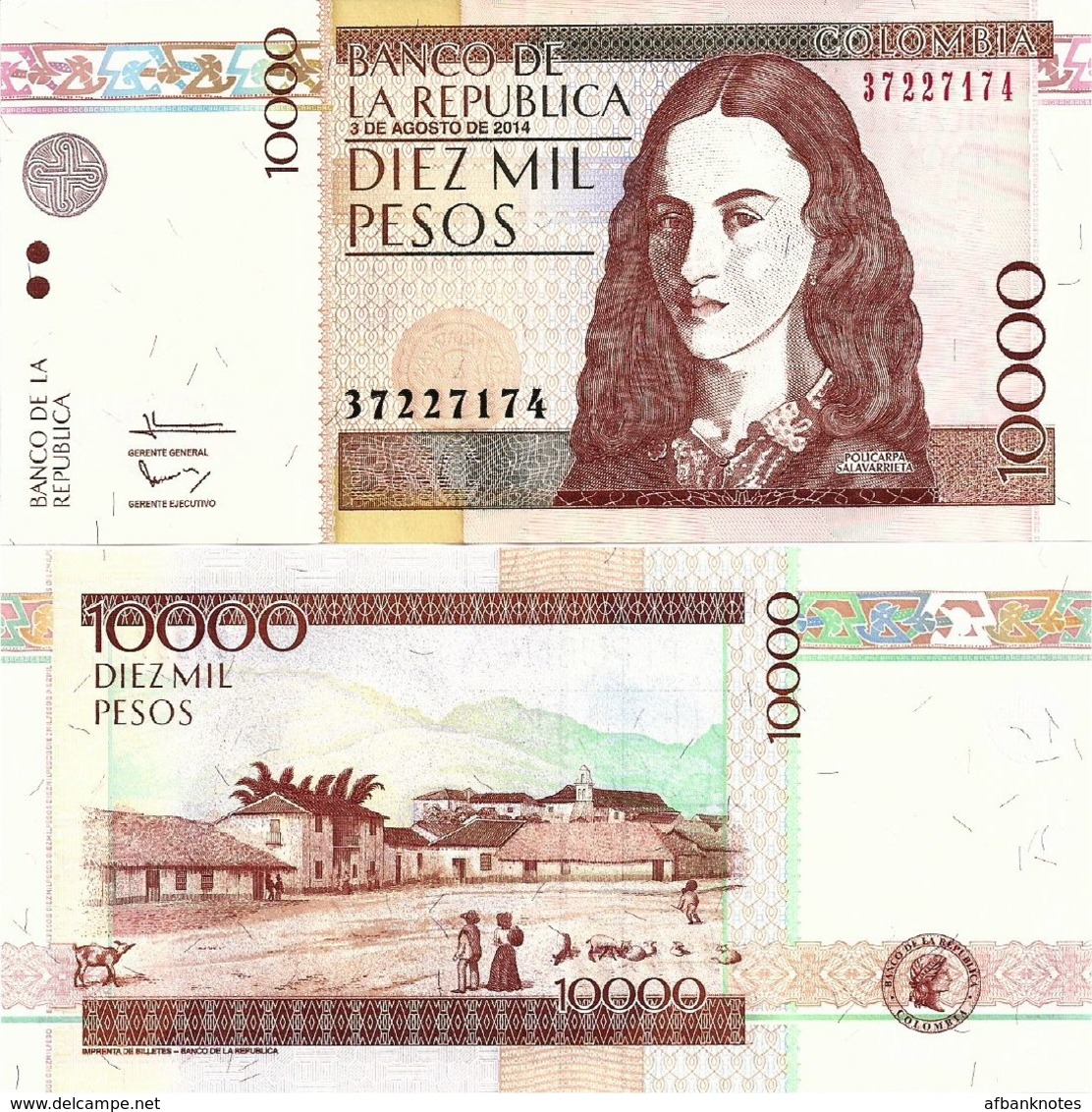 COLOMBIA        10,000 Pesos        P-453       3.8.2014       UNC  [ 10000 ] - Colombia