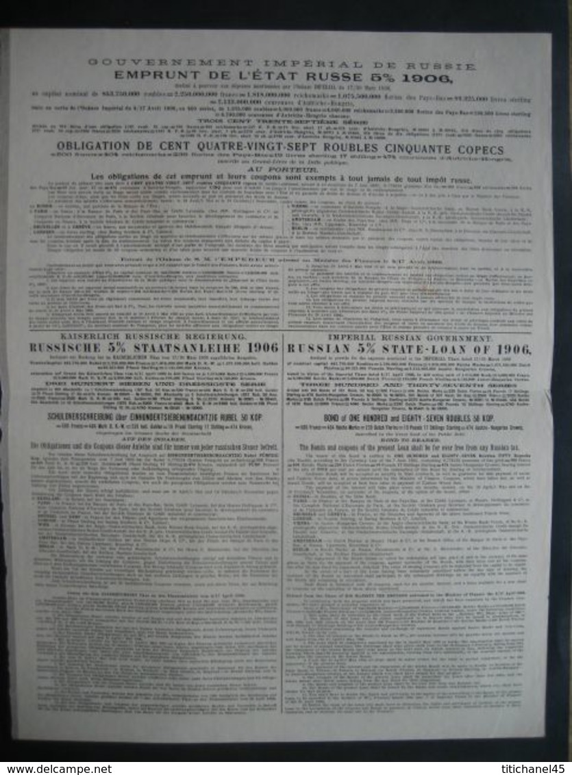 RUSSIE - EMPRUNT DE L'ETAT RUSSE 5% 1906 - Obligation De 187,50 Roubles - Russia