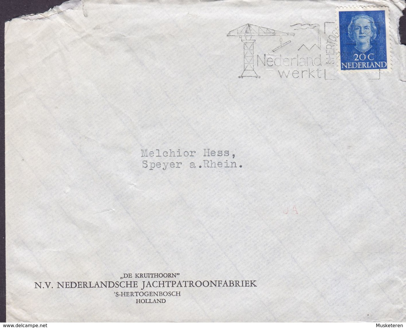 NIEDERLANDSCHE JACHTPATROONFABRIEK Slogan Flamme 'Nederland Werkt' 's-HERTOGENBOSCH 1951? Cover Brief SPEYER - Covers & Documents