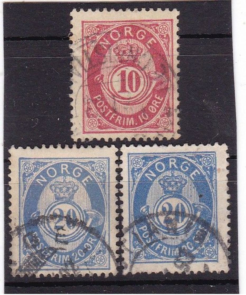 #12149 Norway, Norge 1886/1893, Stamp 10 Ore + 2 X Stamp 20 Ore Used, Michel 45a, 46: Posthorn - Usati