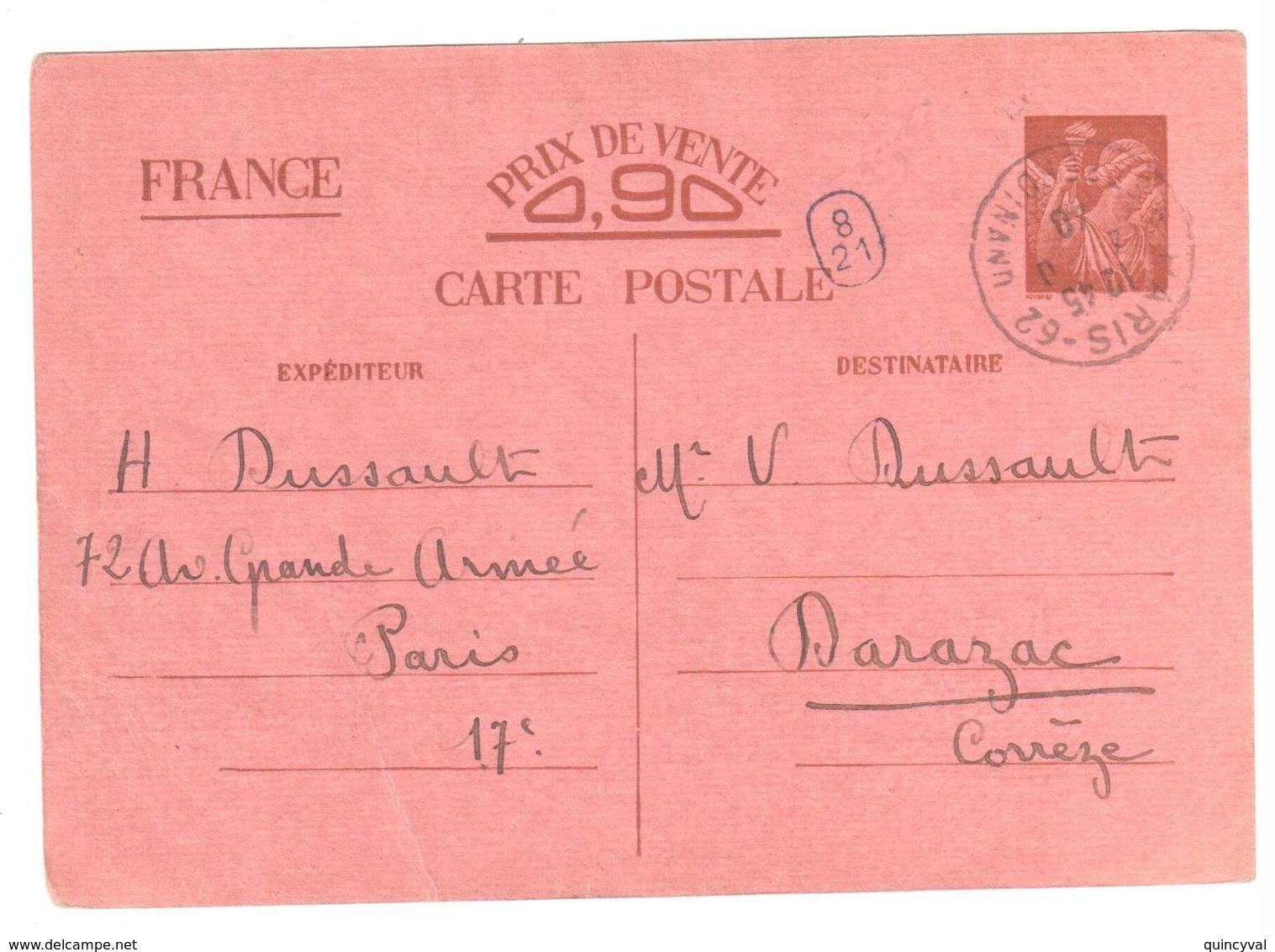 PARIS R St Ferdinand Entier Postal IRIS Sans Valeur - CP1 Rose  Ob 4 10 1940 - Standard- Und TSC-AK (vor 1995)