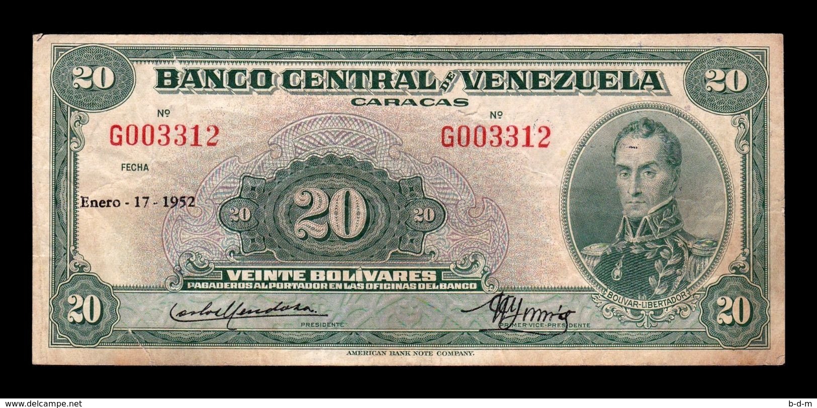 Venezuela 20 Bolívares Simón Bolívar 17.01.1952 Pick 32a BC/+ F/+ - Venezuela