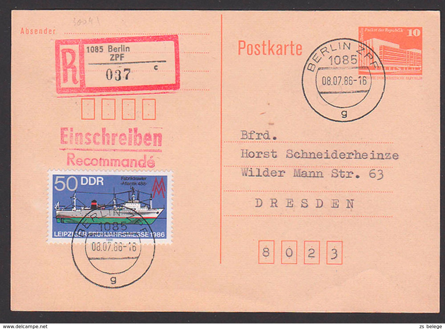 Berlin ZPF 8.7.86 10 Pf. Ganzsache Mit 50 Pfg. "Fabriktrawler Atlantik 488" DDR3004, Portogenau, Leipziger Messe 1986 - Postcards - Used