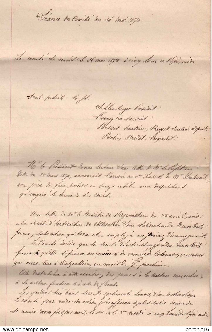 COLMAR : Société  D'HORTICULTURE DE COLMAR 1869 (SCHLUMBERGER) - Documents Historiques