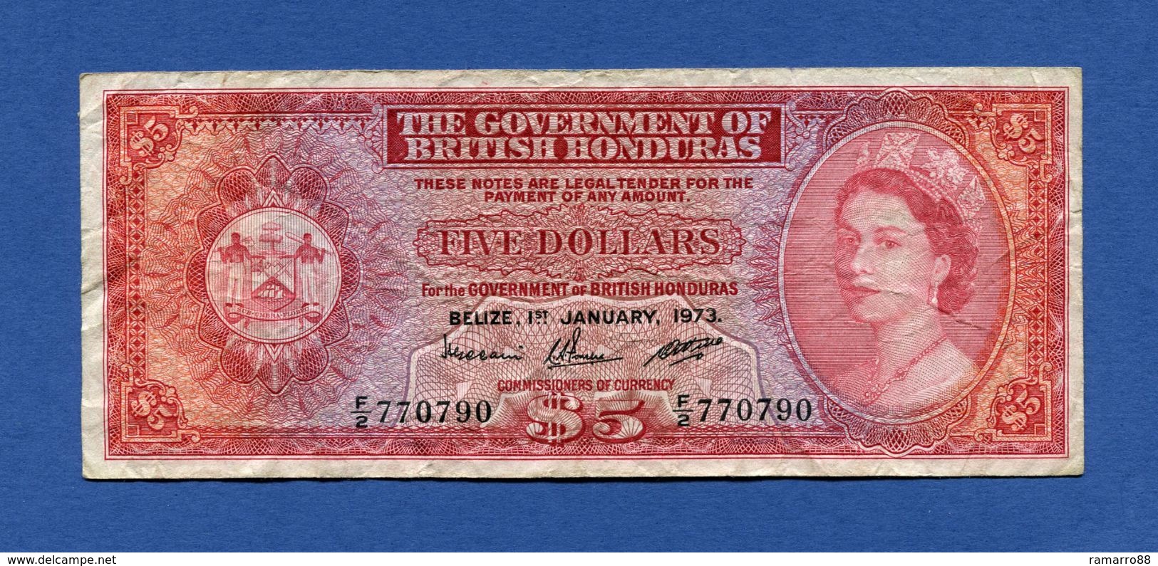 British Honduras / Belize 5 $ Dollars 1973 Queen Elizabeth II Pick 30c F+ - Belize