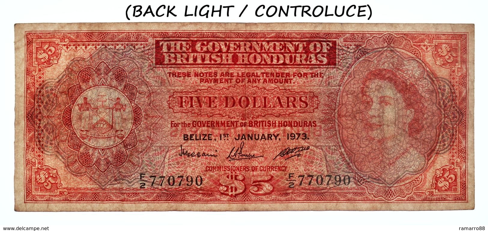 British Honduras / Belize 5 $ Dollars 1973 Queen Elizabeth II Pick 30c F+ - Belize