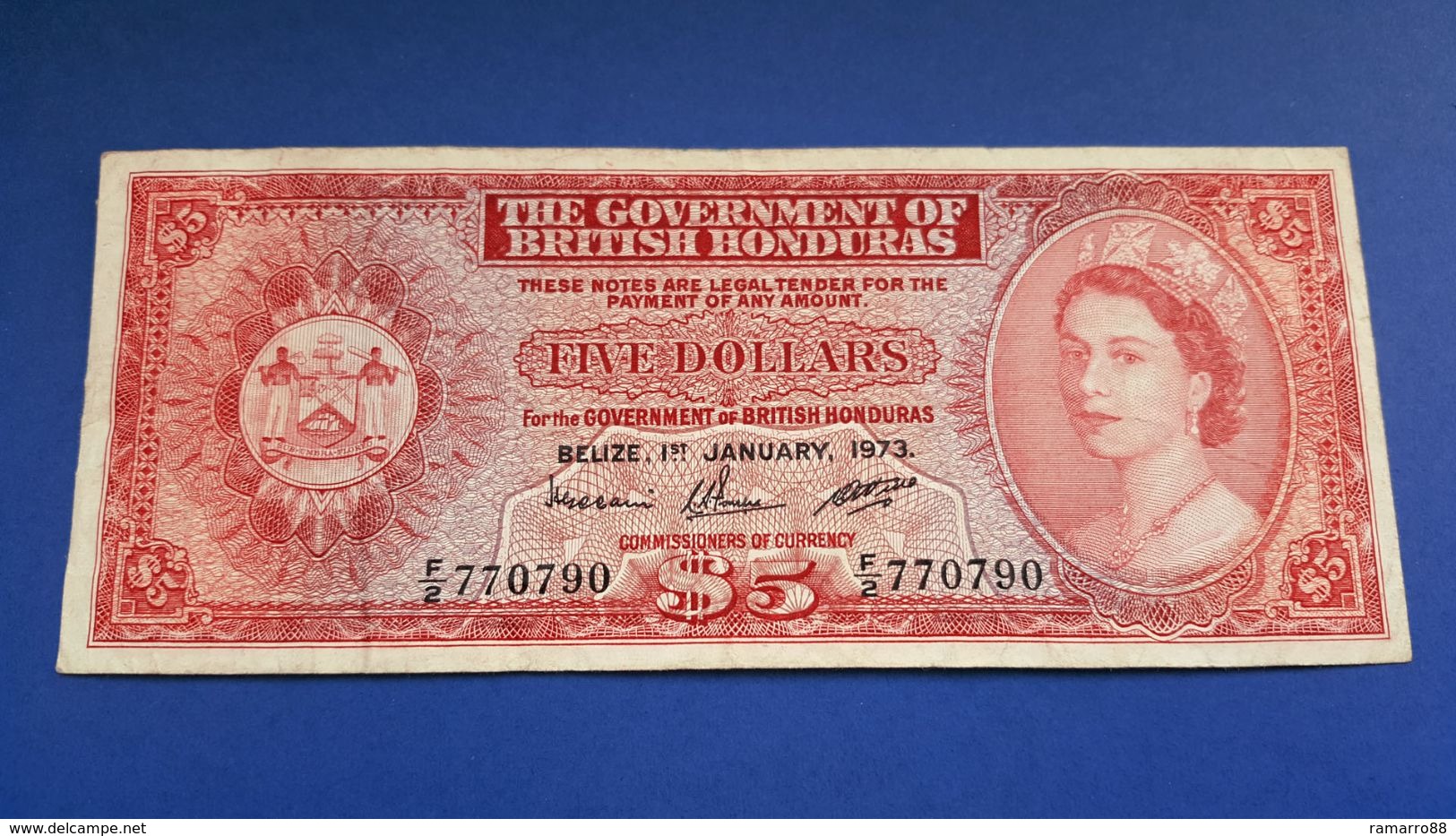 British Honduras / Belize 5 $ Dollars 1973 Queen Elizabeth II Pick 30c F+