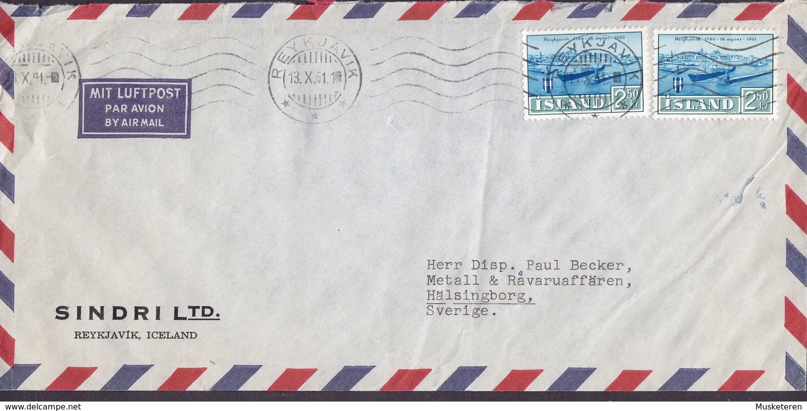 Iceland Luftpost Par Avion Air Mail SINDRI Ltd., REYKJAVIK 1951 Cover Brief HÄLSINGBORG Sweden Harbour Hafen - Briefe U. Dokumente