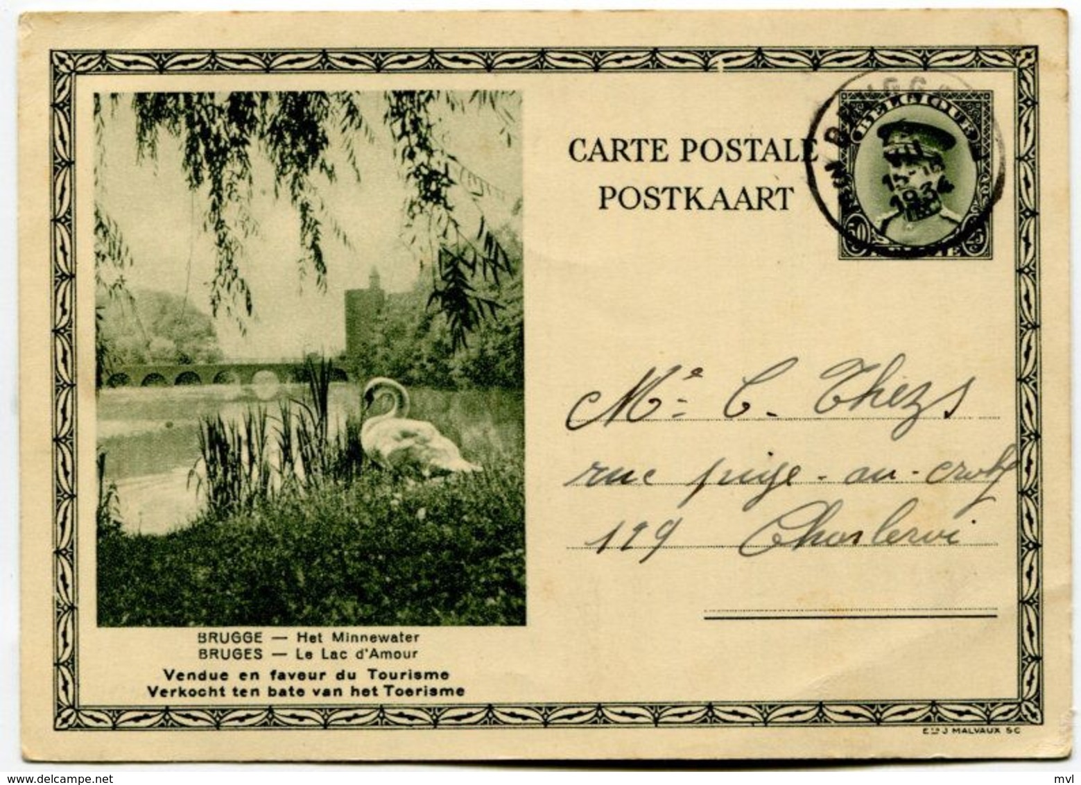 Belgique Bruges Lac D'amour, Entier Postal Circulé Le 25 Juillet 1934 Vers Charleroi - Postkarten 1909-1934