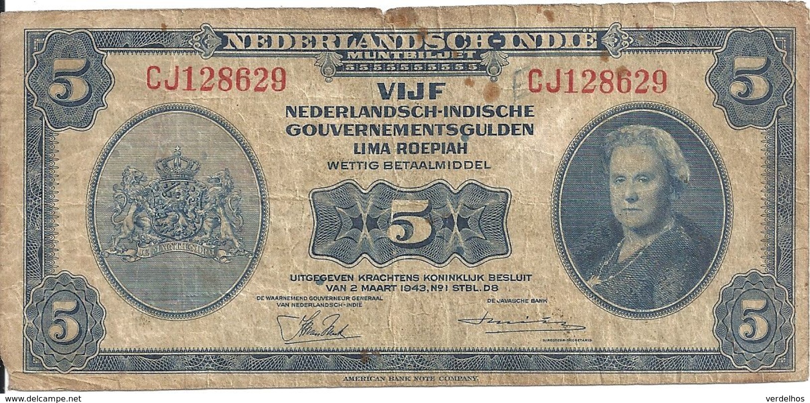 INDES NEERLANDAISES 5 GULDEN 1943 VG+ P 113 - Indes Neerlandesas