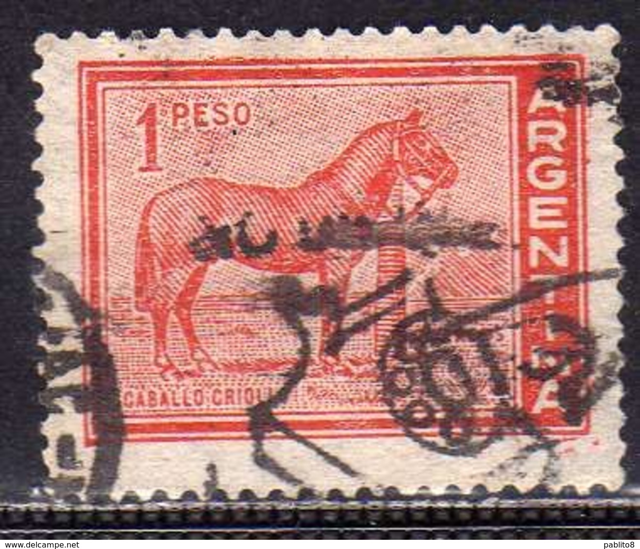 ARGENTINA 1959 1970 FAUNA 1961 ANIMALS DOMESTIC HORSE CAVALLO CABALLO CRIOLLO ANIMALI PESO 1p USATO USED OBLITERE' - Usati