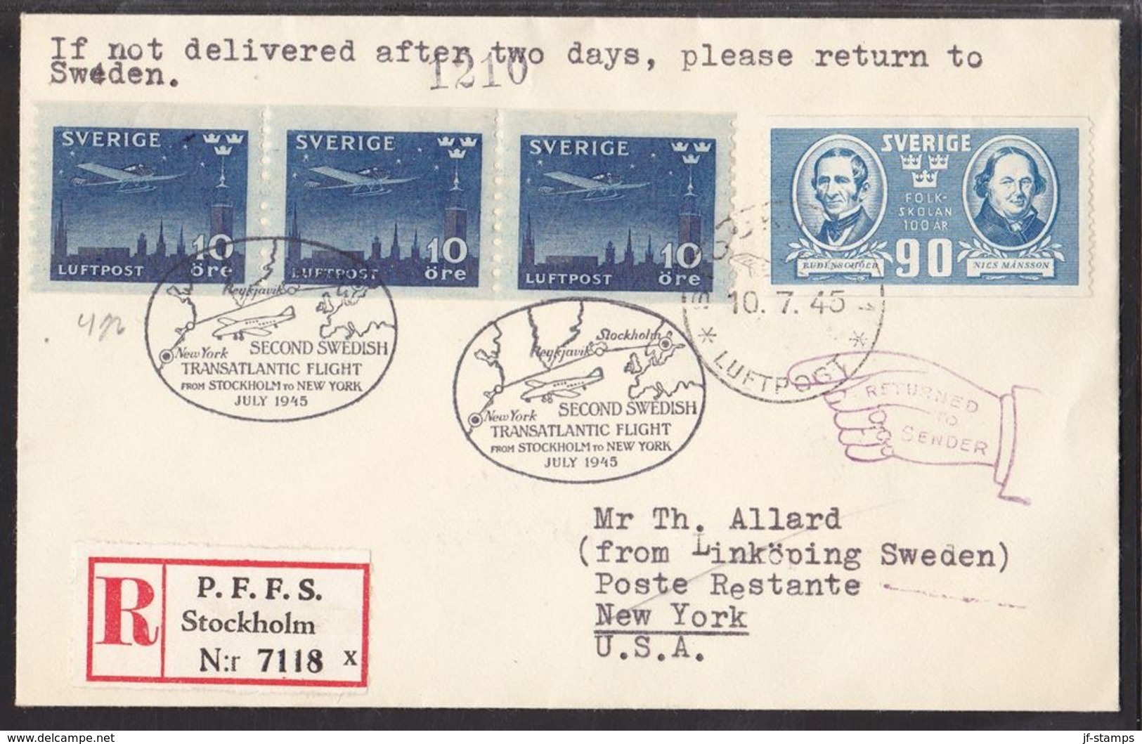 1945. SVERIGE. 90 öre  FOLKSKOLAN + 3-STRIP 10 ÖRE LUFTPOST On Cover From STOCKHOLM L... () - JF109340 - Cartas & Documentos